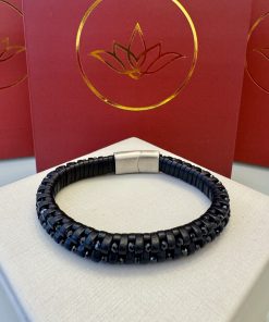 Pulseira de couro/pedras negras masculina