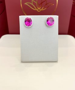 Brinco oval pink cravejado 14mm