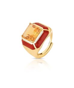 Anel quadrado citrino com esmaltação vemelha 10mm