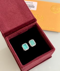 Brinco retangular turmalina 8X6mm/ moissanite
